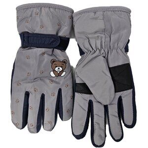 Kids Winter Ski Gloves Boy Girl Bear Print Lined Waterproof w/ Hook & Loop Strap